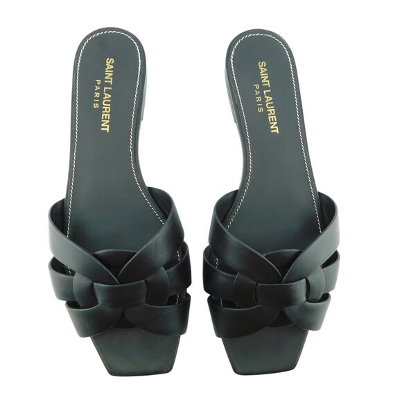 YSL Saint Laurent Black Leather Tribute Flat Slide Sandals 37 - Picture 2 of 6